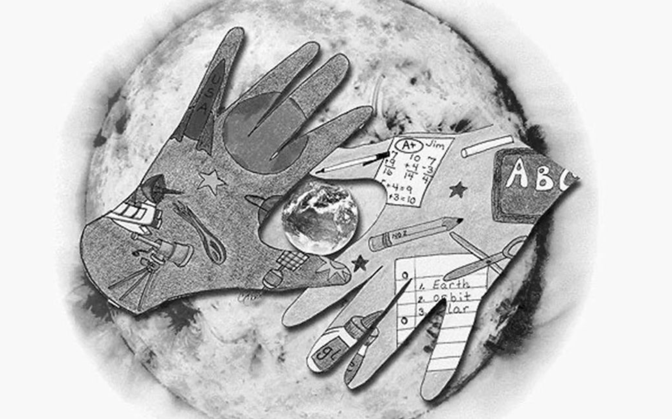 creative pencil drawing of the sun and a pair of hands